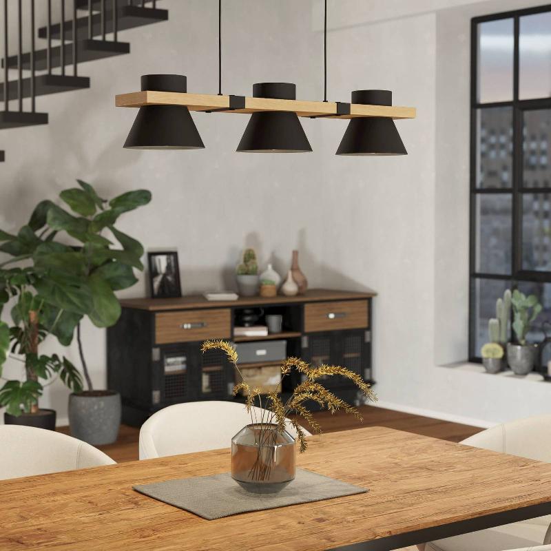 EGLO SUSPENSION MACCLES EN NOIR AVEC BOIS, À 3 LAMPES