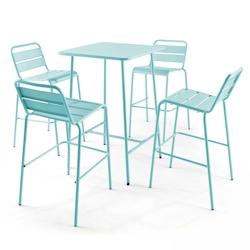 Oviala Business - Ensemble table de bar et 4 chaises hautes en métal turquoise - Acier thermolaqué époxy - Dimensions optimisées_0
