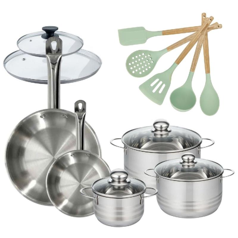 Lot 2 Poêles 20/28cm et 3 Faitouts 16/20/24cm Fackelmann Etherna avec 5 ustensiles Ocean - gris Acier inoxydable 18/10 3176239920116_0