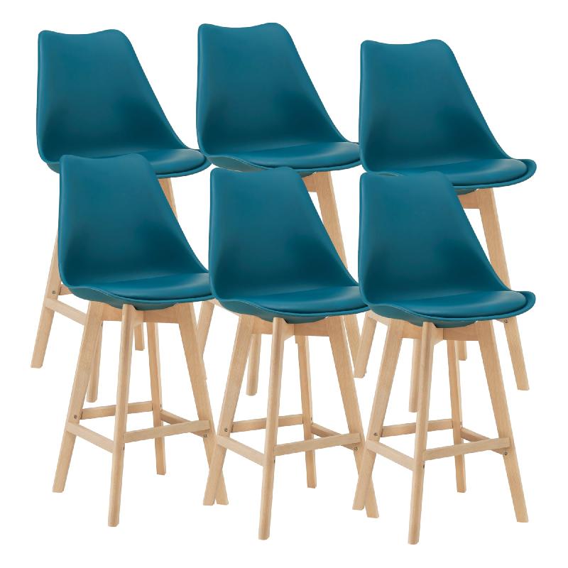 Lot de 6 tabourets de bar en plastique synthétique avec pieds en hêtre - 105x48x58 cm - Turquoise_0