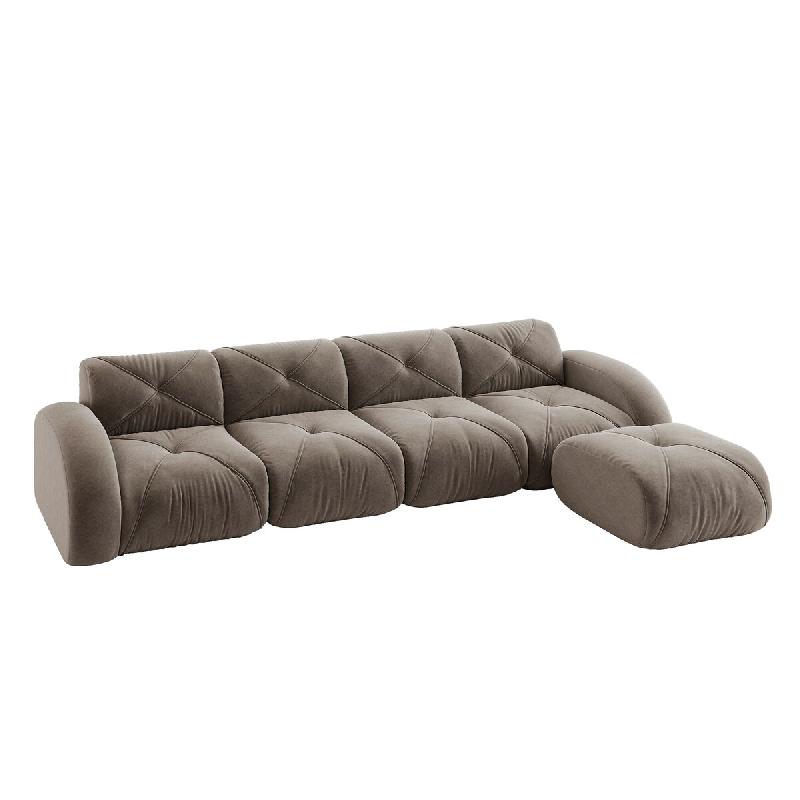 Merax Canapé modulable 4 places avec tabouret, canapé nuage avec accoudoirs ronds, chenille douce, sans cadre près du sol, canapé lounge, marron -_0