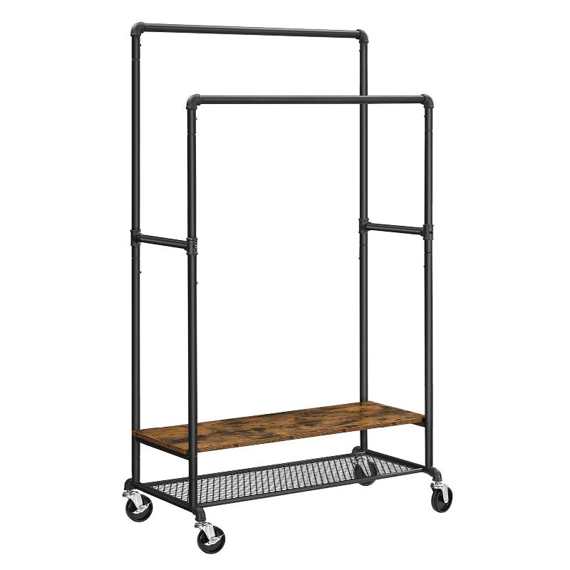 Portant à vêtements sur roulettes - Porte-manteau extensible 175 cm - Style industriel - Brun rustique et noir - 2 barres façon tuyaux - Réf : 12_0002350_0