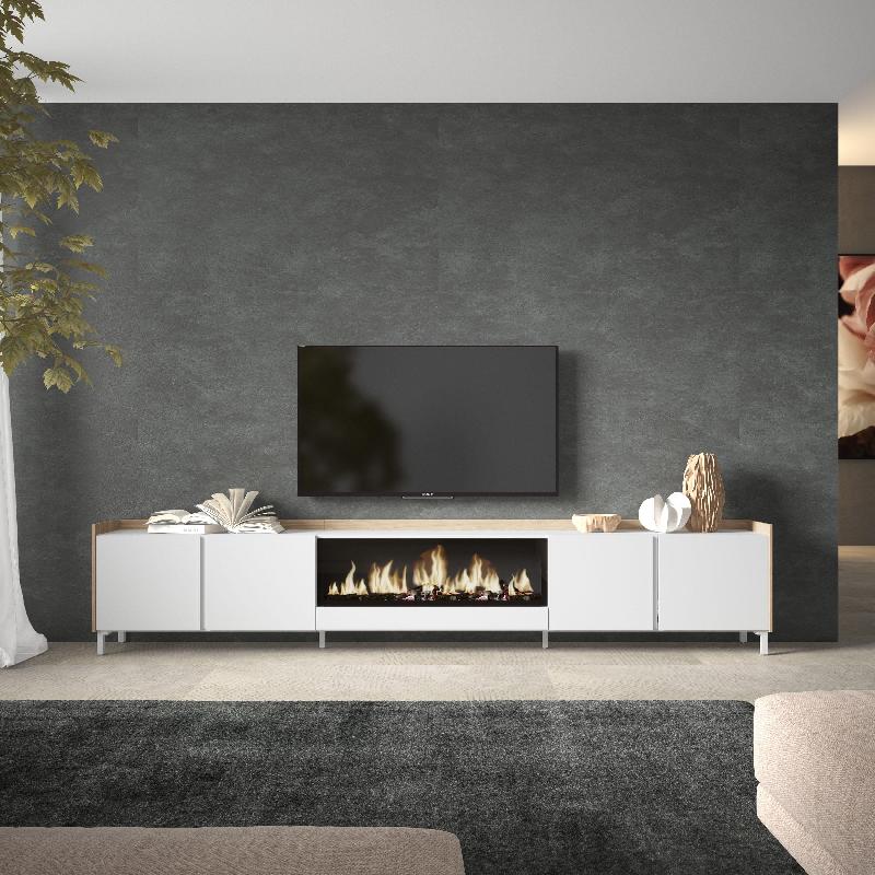 SKRAUT HOME - MEUBLE TV EFFET BOIS BLANC ET CHÊNE 315X35X61CM CHEMINÉE EFFET FEU XXL