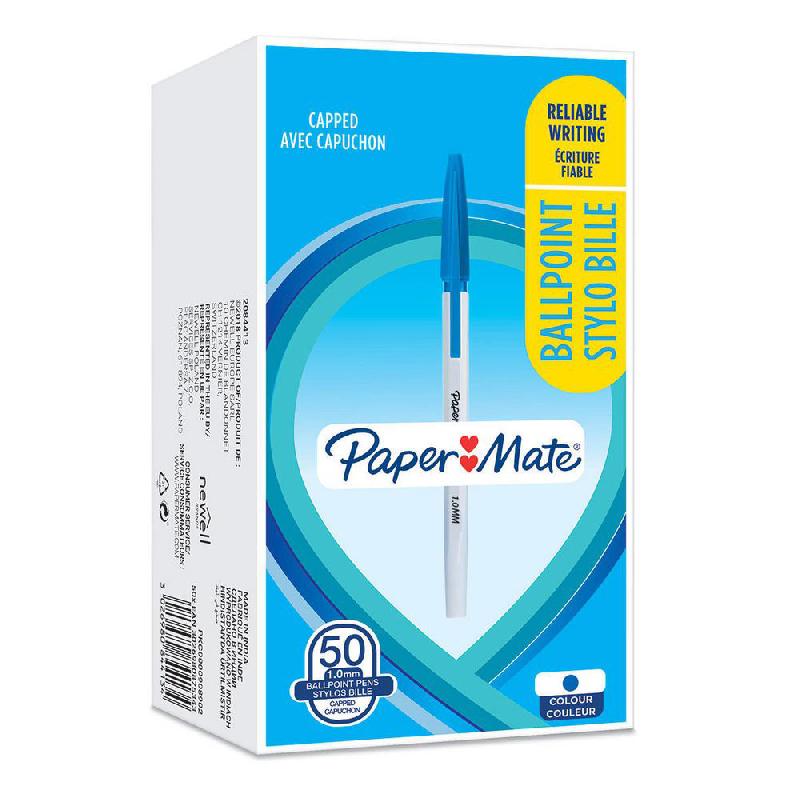 STYLO-BILLE A CAPUCHON PAPERMATE POINTE MOYENNE - 1 MM - ENCRE BLEUE   - LOT DE 50