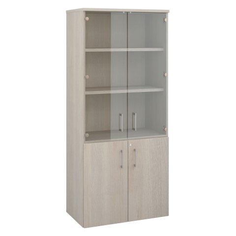 BIBLIOTHEQUE BOIS AVEC PORTES HAUTES VERRE ET PORTES BASSES BOIS H 182 X L 80 CM CHÊNE GRIS