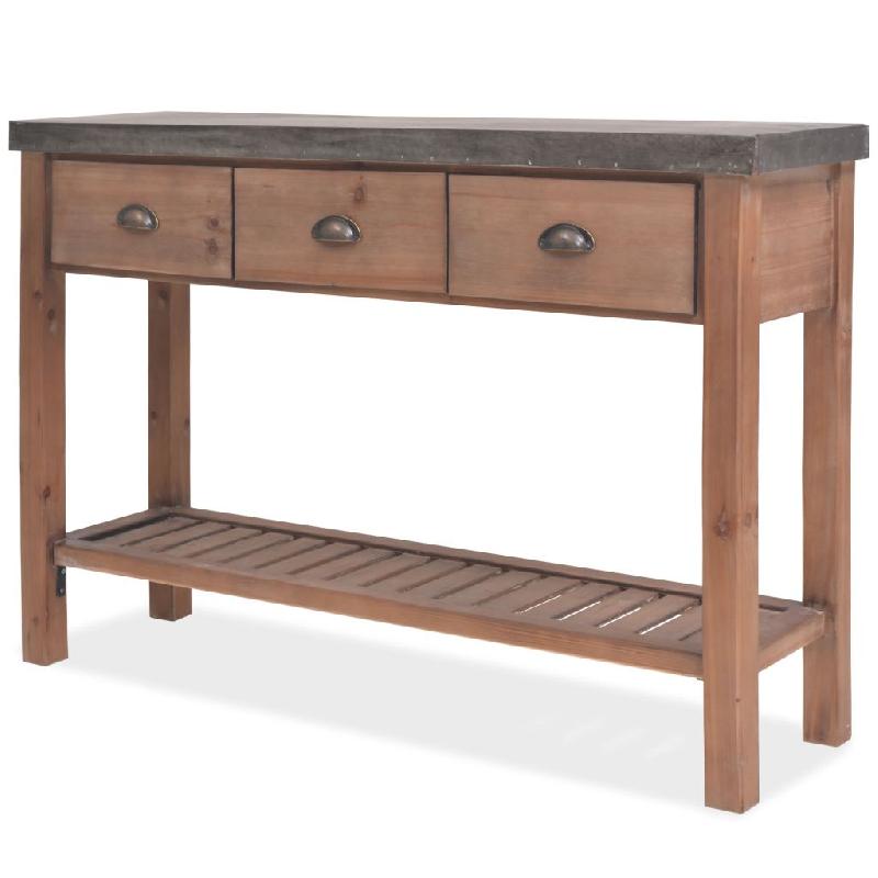 Buffet bahut en bois massif de sapin 122 cm - 3 tiroirs, étagère inférieure et dessus en acier galvanisé - Style industriel vintage_0