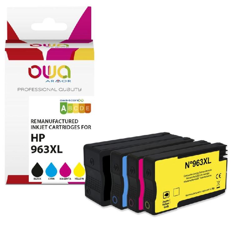 CARTOUCHE D'ENCRE OWA REMANUFACTUREE COMPATIBLE POUR HP 963XL  - GRANDE CAPACITE - PACK DE 4 COULEURS + NOIR