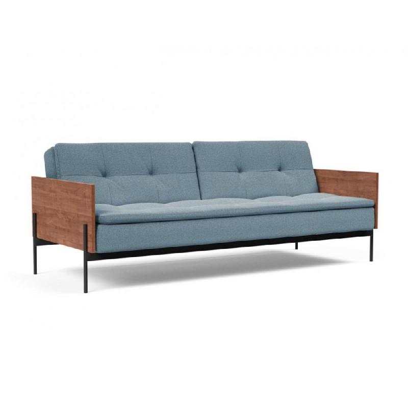 Canapé-lit design convertible Dublexo Lauge Soft Indigo - 115x210 cm - Accoudoirs noyer et métal noir - Innovation Living_0