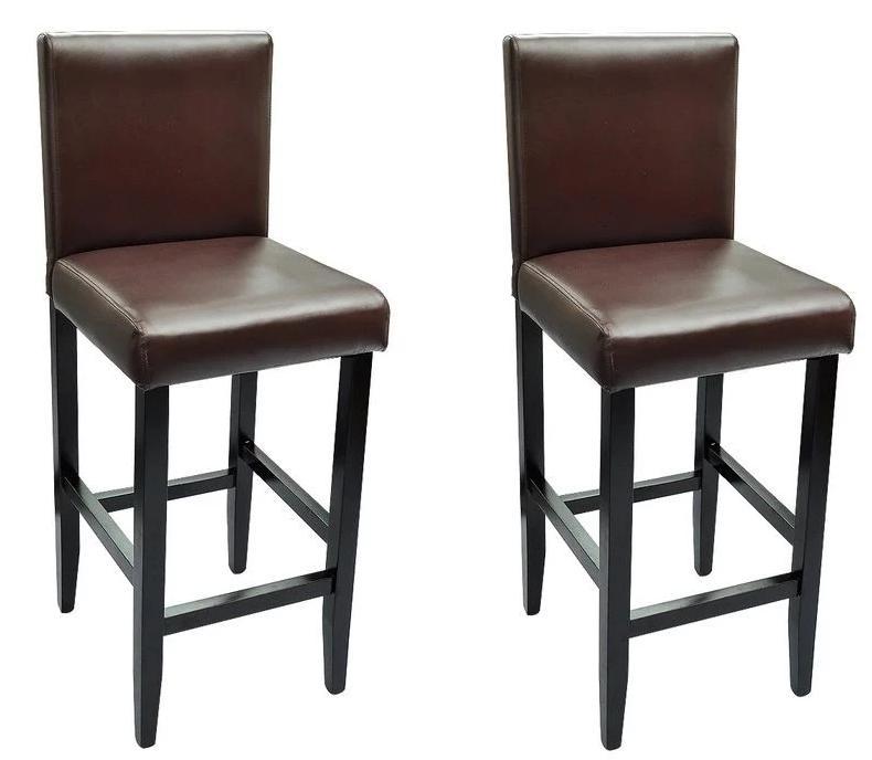 Lot de deux tabourets de bar design - siège fixe en cuir synthétique marron avec pieds en bois noir_0