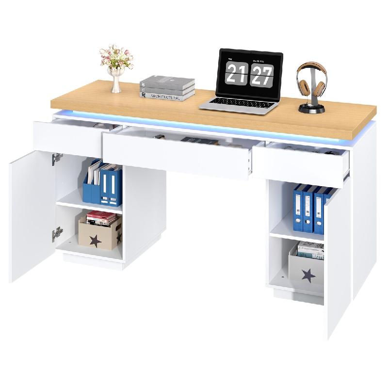 Merax Bureau LED 140 x 50 x 78 cm, 3 tiroirs et 2 portes, bureau informatique/coiffeuse blanc/chêne - multicolore Bois manufacturé N880P5146712W_0