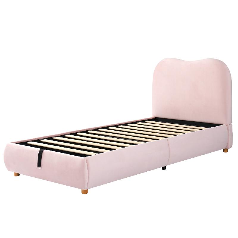Merax Lit rembourré 90 x 200 cm avec rangement hydraulique, sommier à lattes et tête de lit rembourrée, revêtement en velours rose - rose multi-m_0