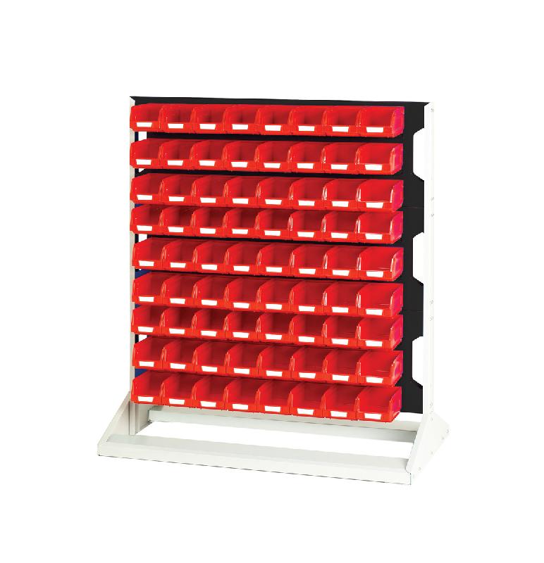 Rack à bacs fixe simple face - 3 panneaux et 72 bacs rouges - 1000x550x1125mm_0