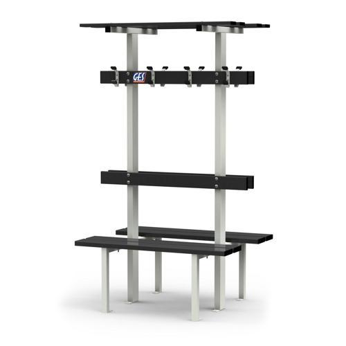 BANC VESTIAIRE DOUBLE SUR PIEDS AVEC PORTE PATÈRES ET PORTE SACS GES ASSISE ALU