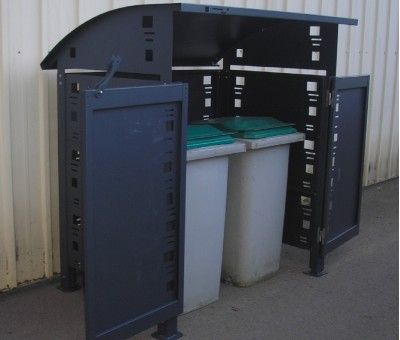 CC - Cache-conteneurs et abris poubelle - POP Industrie - pour 1 bac 4 roues ou 2 bacs 2 roues avec toit arrondi et panneaux décoratifs_0