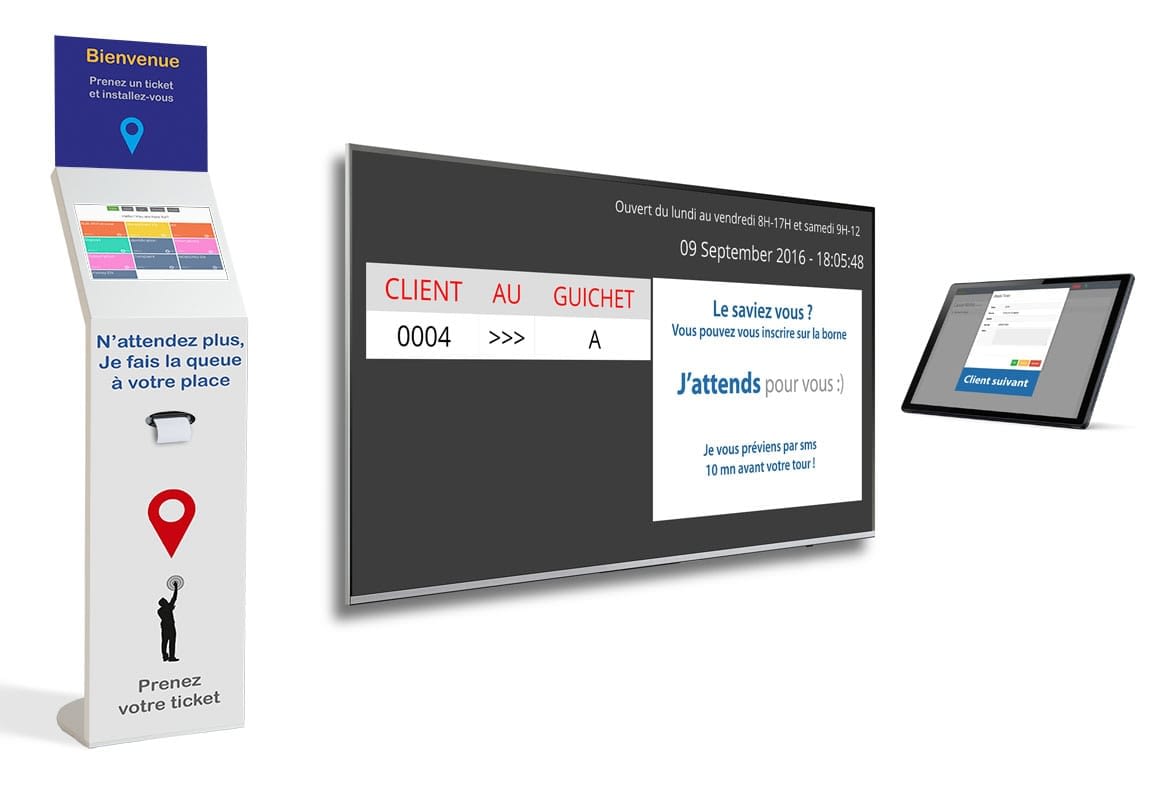 Système de gestion de file d'attente Q-lib - borne avec ticket, SMS et suivi temps d'attente_0