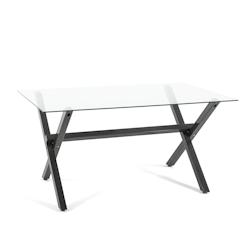 RATTATAN Table rectangulaire 150x90 cm avec plateau en verre trempé et pieds en métal croisés effet bois,idéale pour cuisine,salle à manger ou bu_0