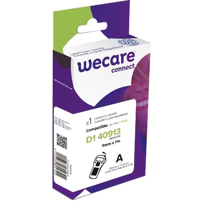 RUBAN D1 9MM WECARE - COMPATIBLE DYMO 40913 S0720680 - ECRITURE NOIRE SUR FOND BLANC