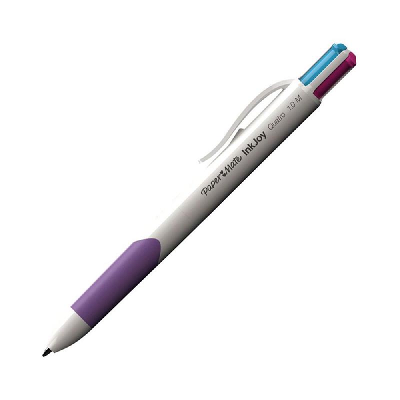 STYLO BILLE RETRACTABLE PAPERMATE INKJOY QUATRO FUN - AVEC GRIP - POINTE MOYENNE 1 MM - 4 COULEURS D'ECRITURE  - LOT DE 2