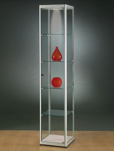 Vitrine colonne argent - L 40 cm - Porte battante sécurisée - Éclairage LED - Verre trempé et aluminium anodisé_1