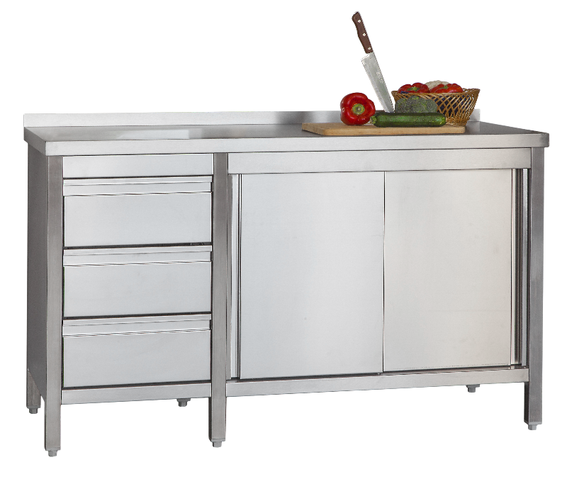 ARMOIRE DE TRAVAIL EN INOX PROFI AVEC PORTES BATTANTES, DOSSERET ET 3 TIROIRS 1 000 X 600 X 850 MM