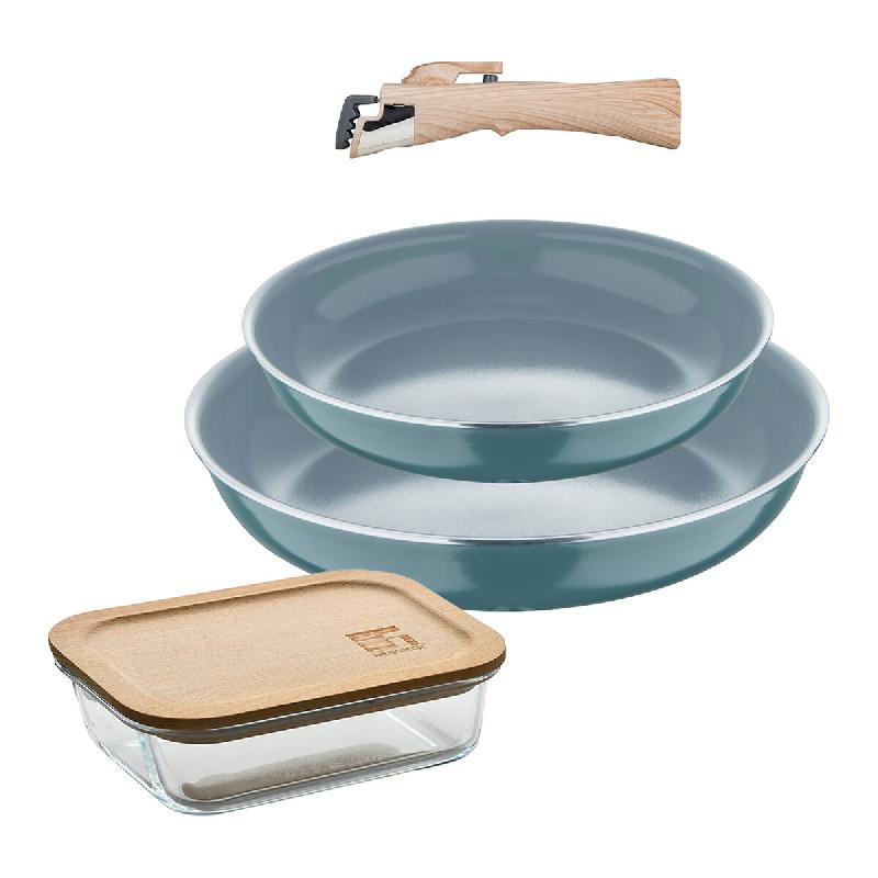 BERGNER - Jeu de 2 poêles Ø24/28 cm en aluminium embouti recyclé Vert avec manche amovible avec boîte hermétique de 650 ml en verre borosilicate_0