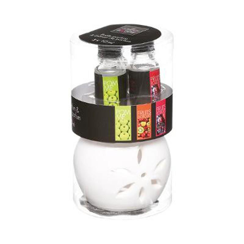 Brûle-parfum avec 3 flacons d'huiles parfumées Pura 10ml - Fruits (Pomme, Exotiques, Rouges) - Paris Prix_0