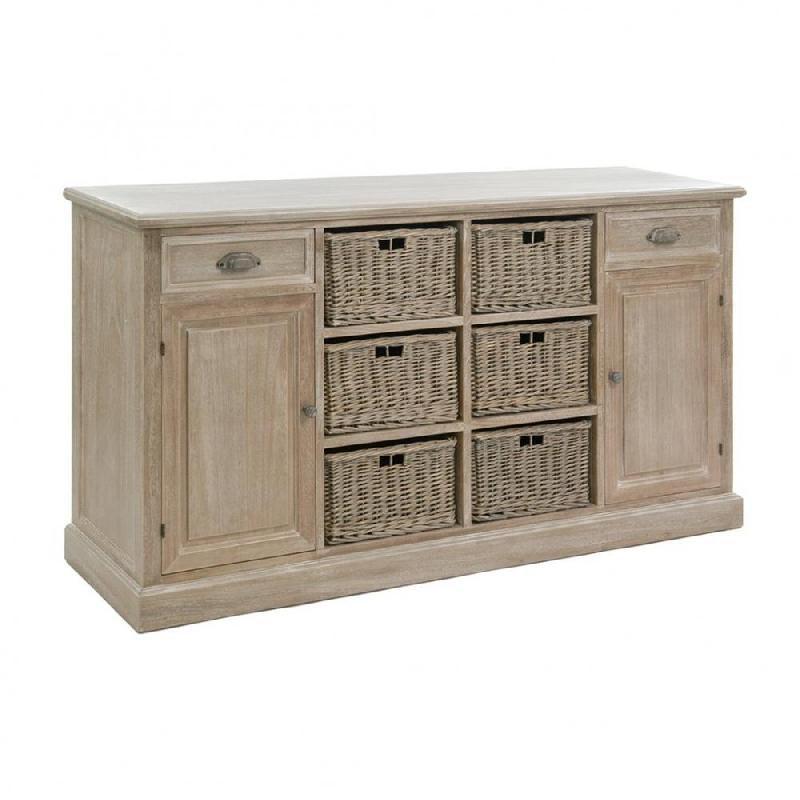 Buffet Sakoa - 6 paniers en rotin brut et bois massif patiné naturel - 158 cm_0