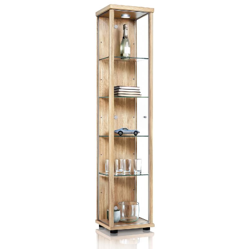 K-Möbel vitrine en verre en hêtre (176x37x33 cm) avec 4 étagères en verre réglables en hauteur,LED - modèle de voiture vitrine d'argent - beige_0