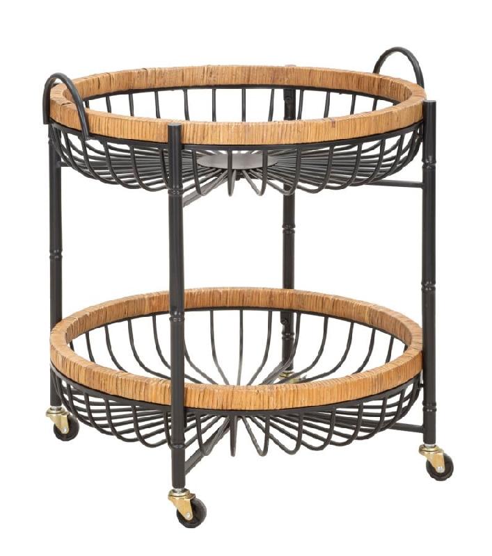 Mauro Ferretti Chariot Cebu 57 X 55,5 X 62,5 Cm Métal Noir Et Rotin Avec 2 Plateaux Et Roulettes - Style Bohème Chic - multicolore multi-matériau 1_0