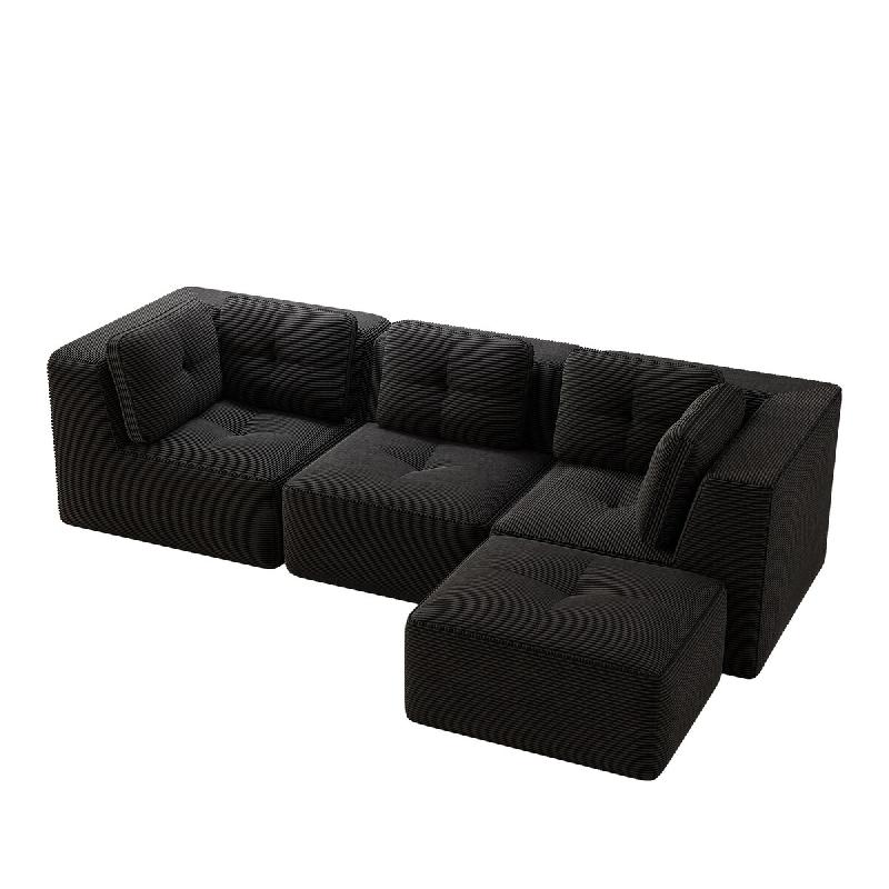 Merax Canapé modulable 3 places avec tabouret, Cloud Sofa Cord sans cadre, canapé lounge près du sol, avec accoudoirs larges, noir - noir multi-mat_0