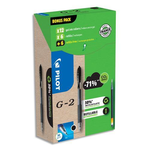 PACK DE 12 ROLLERS PILOT G2 ENCRE GEL + 12 RECHARGES - POINTE MOYENNE 0,7MM - COLORIS NOIR