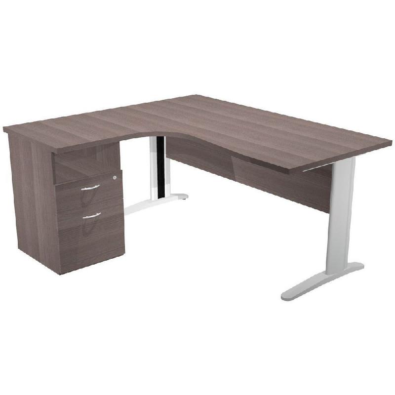 PACK PRONTO PRESTIGE - 1 BUREAU COMPACT RETOUR A GAUCHE CENDRE - PIEDS BLANCS - 1 CAISSON HAUTEUR BUREAU PROF. - 60 CM