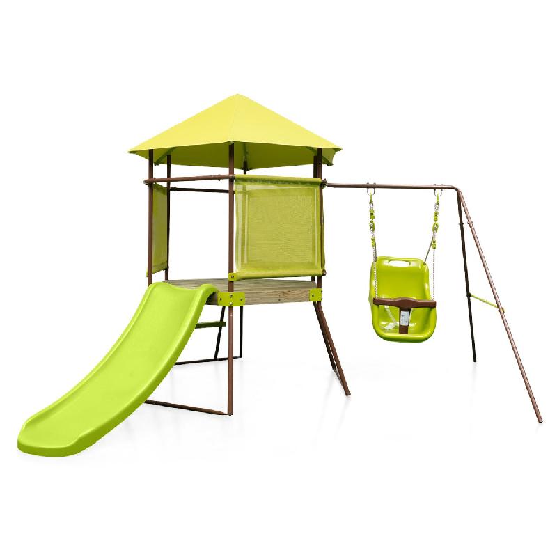 Portique de balançoire 4 en 1 pour enfants - Aire de jeu en métal avec cabane couverte, siège bébé réglable, toboggan & échelle - Vert - Réf. 20_0009115_0