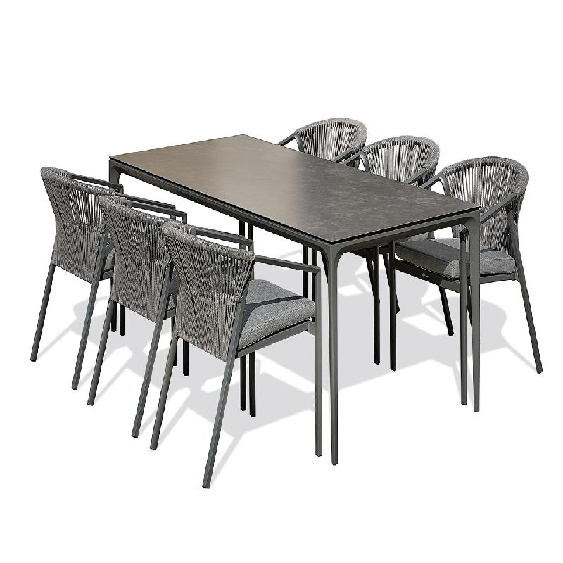 REMARQUABLE Ensemble table de jardin en aluminium gris anthracite et plateau céramique sur verre (200x90 cm) et 6 fauteuils GAMBI empilables - TIGUA_0
