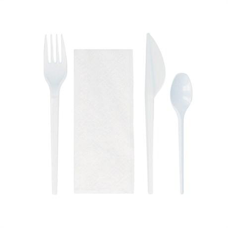 SACHET 4/1 COUTEAU+FOURCHETTE+SERV.+CUILLÈRE 17 CM PS BLANC (VENDU PAR 500)