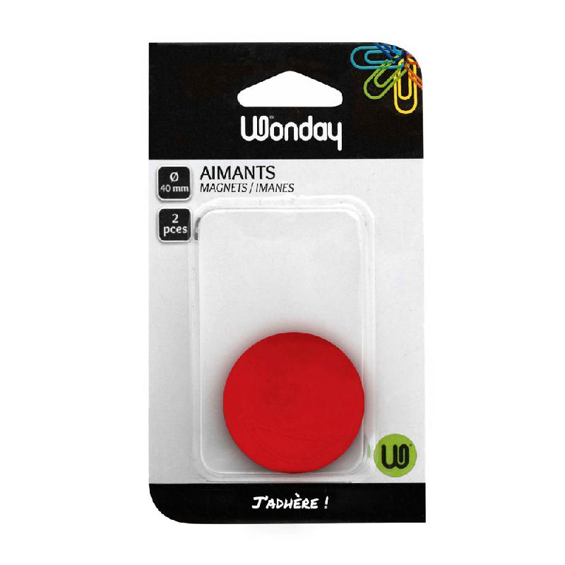 AIMANT ROND WONDAY POUR TABLEAU MAGNETIQUE - DIAMETRE 40 MM - ROUGE (BLISTER 2 UNITES)