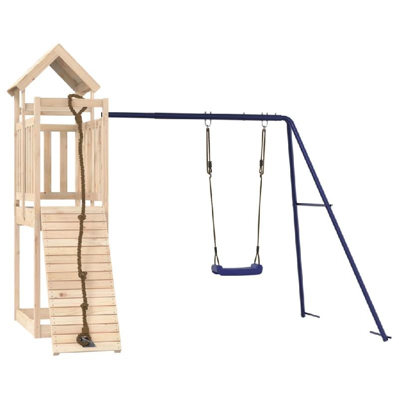 Aire de jeux d'extérieur en bois de pin massif - Balançoires, portiques et mur d'escalade - 243 x 186 x 214 cm - Réf : 02_0004988_0