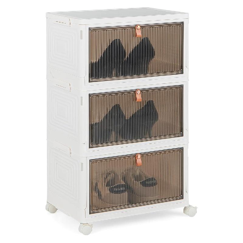 COSTWAY Boîtes rangement 3 niveaux avec roulettes, portes magnétiques, pliables pour chaussures, jouets, vêtements - blanc Bois manufacturé VH33243IT_0
