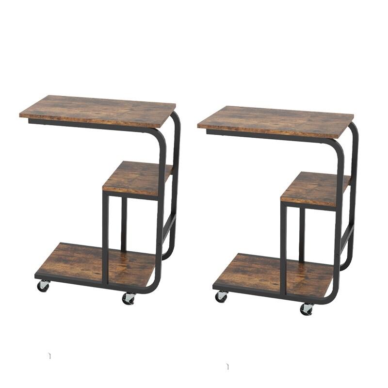 COSTWAY Table d'appoint, table basse à roulettes, forme en C, table basse à 3 niveaux, 53 x 30 x 70 cm, marron(2) - marron Bois manufacturé VH34362_0