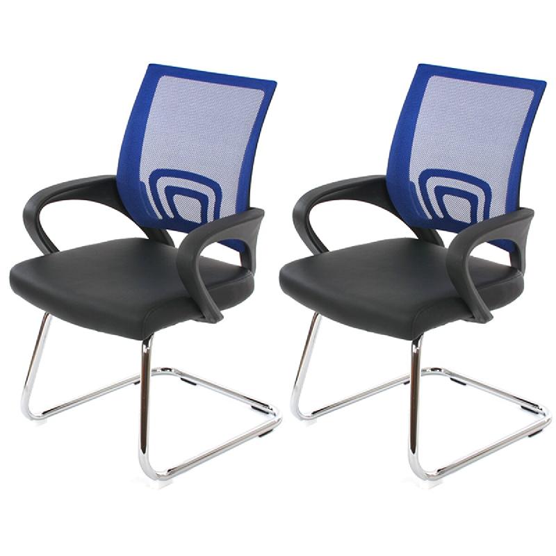 Décoshop26 - Lot de 2 chaises de conférence bureau avec accoudoirs assise en PVC noir et tissu mesh bleu 04_0007293 - bleu 3000262042258_0