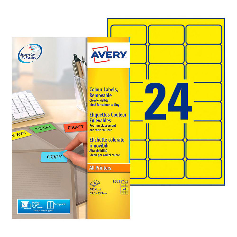 ETIQUETTES DE COULEUR ENLEVABLE AVERY L6035 - JAUNE - 63,5X33,9MM - BOÎTE DE 480