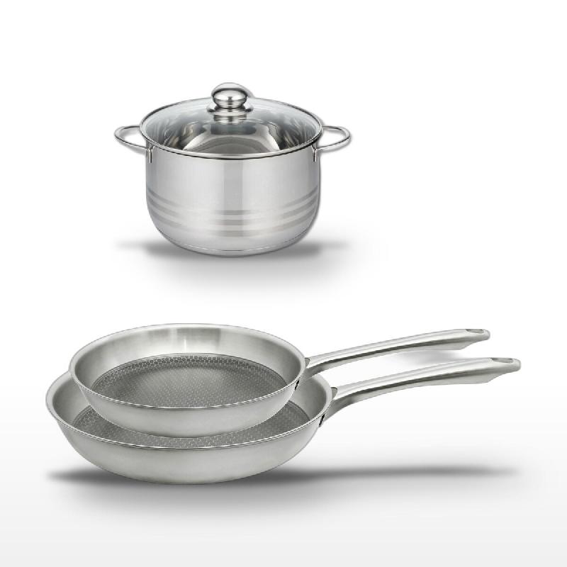 Lot de 2 poêles 24/28 cm et faitout 20 cm Elo Relief Passion - gris Acier inoxydable 18/10 3176239953909_0