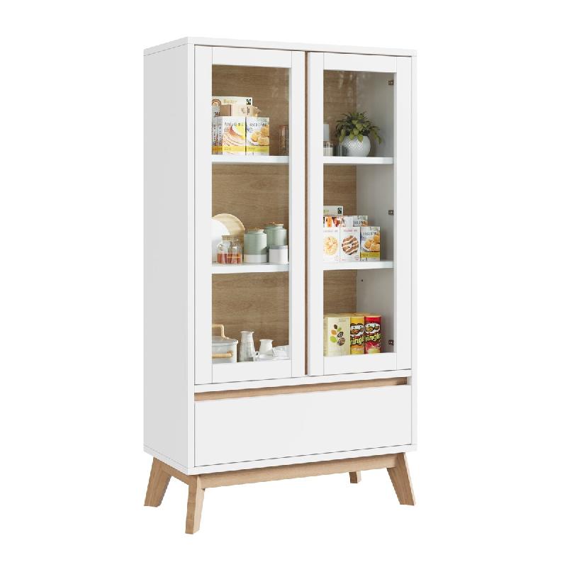 Merax Vitrine 80 x 40 x 150 cm, meuble polyvalent avec portes vitrées, tiroir et étagères réglables, blanc/aspect bois naturel - blanc multi-maté_0