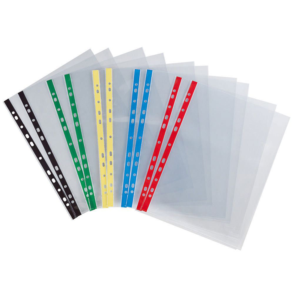 POCHETTE PERFOREE LISSE - A4 - POLYPROPYLENE 90 MICRONS - 11 TROUS - TRANSPARENTE AVEC BANDES DE COULEUR - SAC 10 UNITES  - LOT DE 2