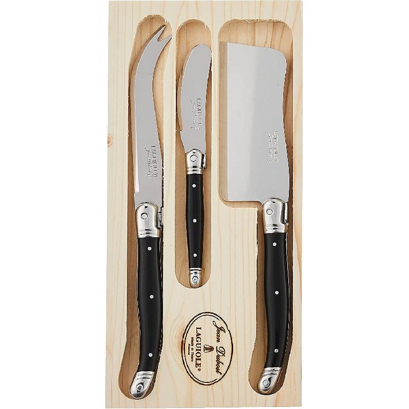 SERVICE À FROMAGE 3-PIÈCES MANCHE NOIR EN INOX - RANGE COUVERTS EN BOIS  - JEAN DUBOST - LAGUIOLE