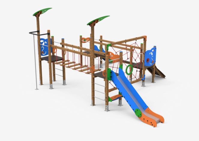 Structure de jeu Gaia JEK05 - Bois lamellé, panneaux ECOPLAY et filets anti-vandalisme_0
