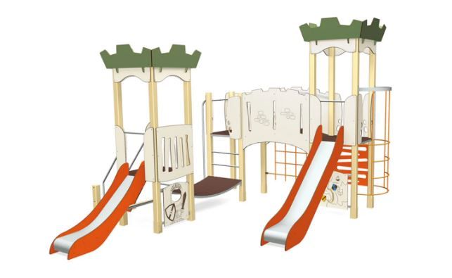3822 - Structure pour aire de jeux - Transalp - Mon Château 3 tours avec filet, toboggans et panneaux ludiques_0