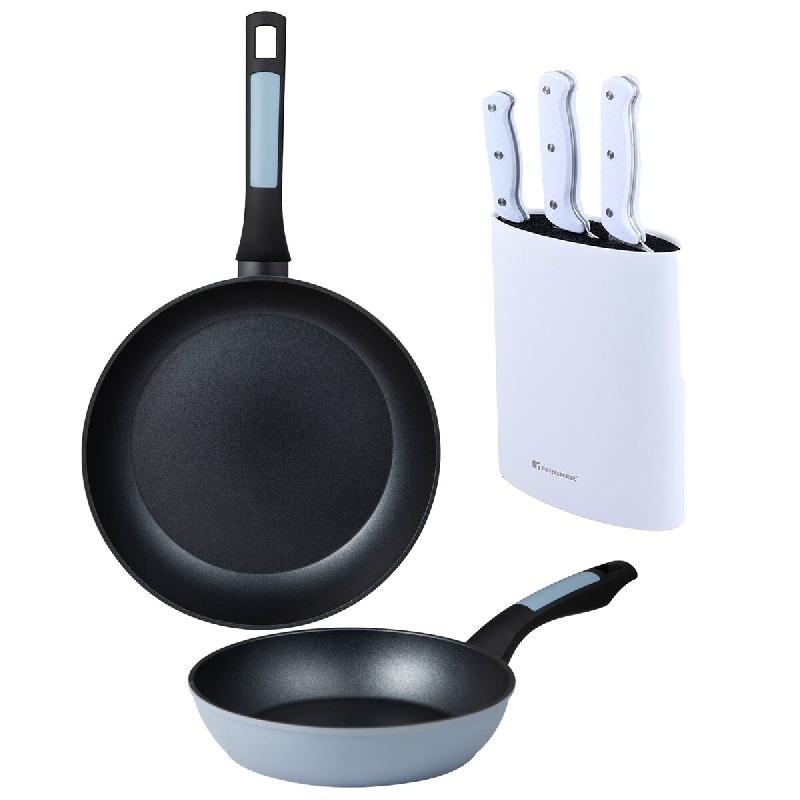 BERGNER - Lot de 2 poêles Ø20/26 cm en aluminium pressé compatibles induction avec lot de 3 couteaux en acier inoxydable avec bloc - PK9512_0