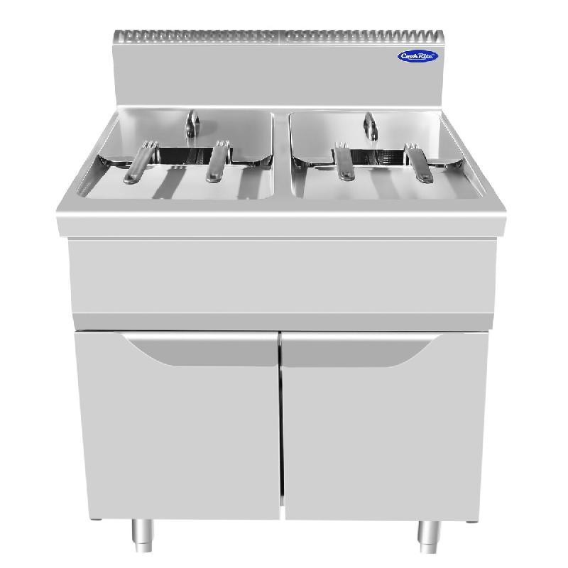 Friteuse à gaz 2 bacs 21+21 litres. Structure en inox. 4 paniers inclus. Vidange d'huile. Dimensions LxLxH 80x90x114 cm. Modèle AT9G8F-F - 4321_0