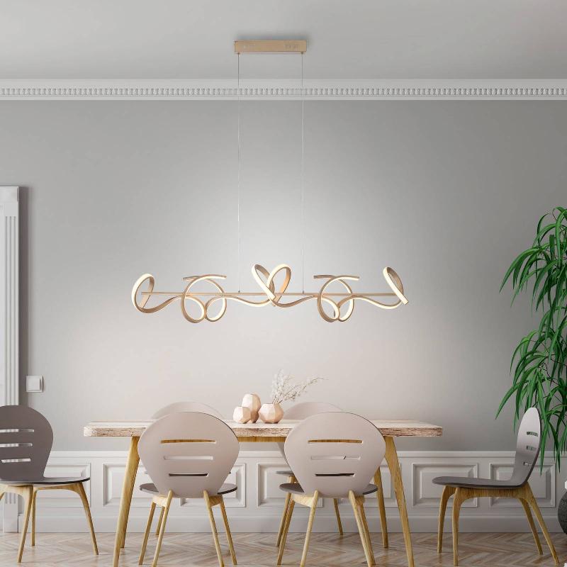 JUST LIGHT. SUSPENSION LED CURLS, LAITON, MÉTAL, 99 CM DE LONG, INTENSITÉ VARIABLE